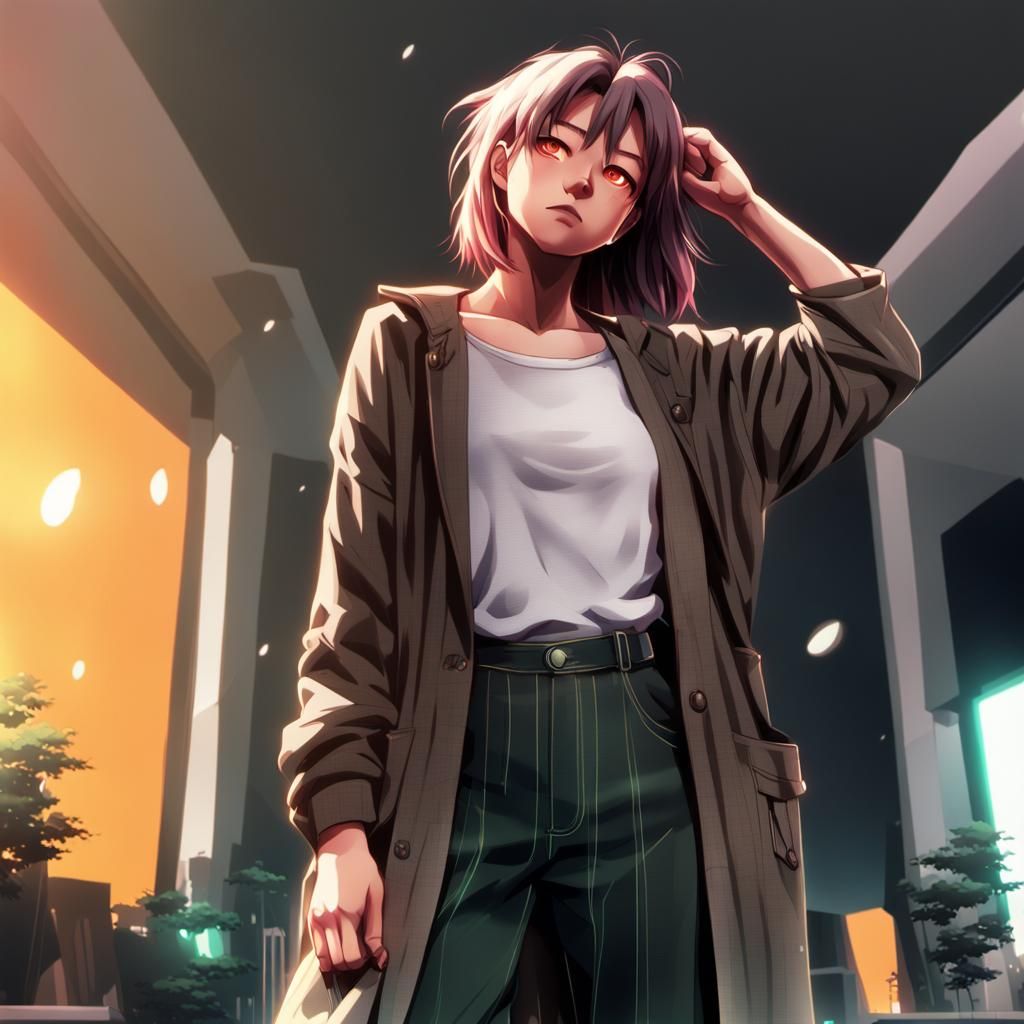 Heroic Anime Female in Futuristic Cityscape