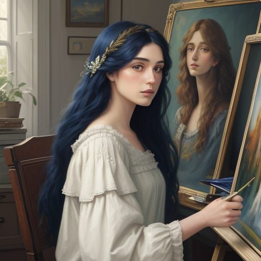 Woman Painting in Sunlit Studio, Pre-Raphaelite Style