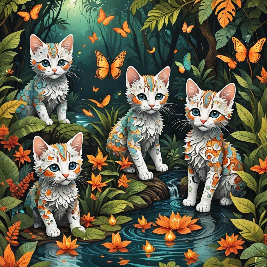 Firefly Kittens in Jungle River: Abstract Vector Art