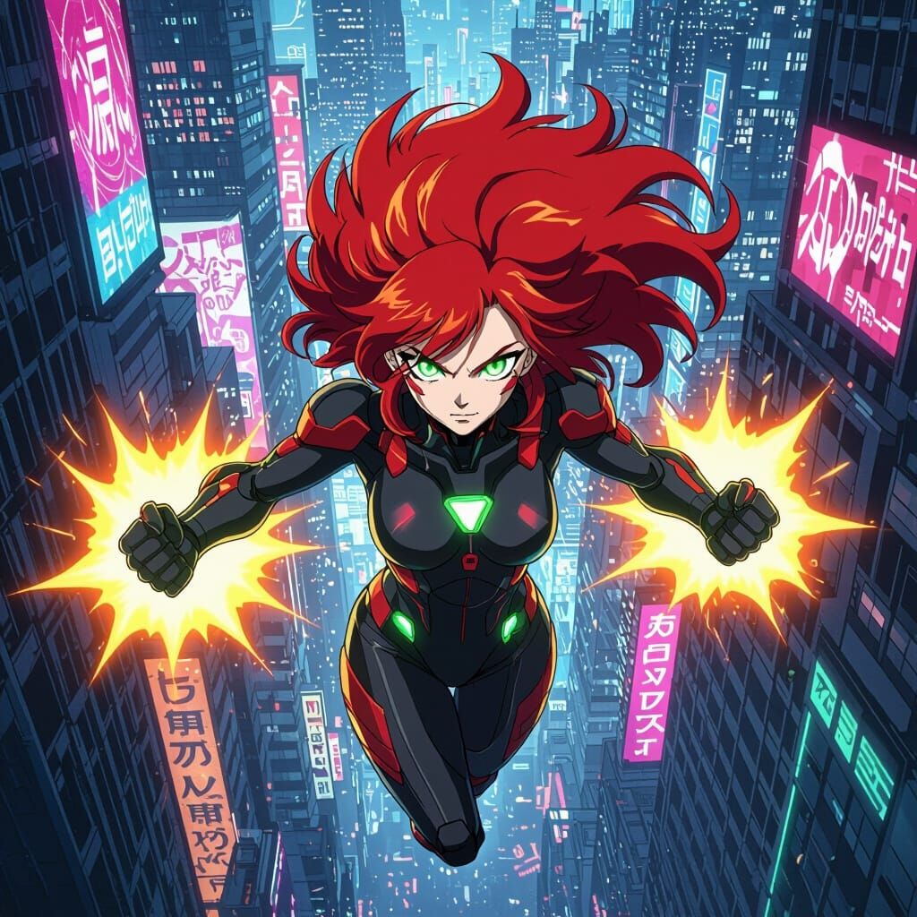 Anime Superheroine Soaring Through Cyberpunk Cityscape