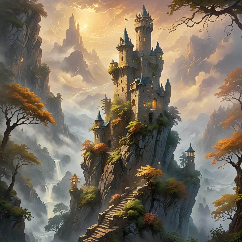 Enchanting Tower on Misty Cliff: A Digital Painting