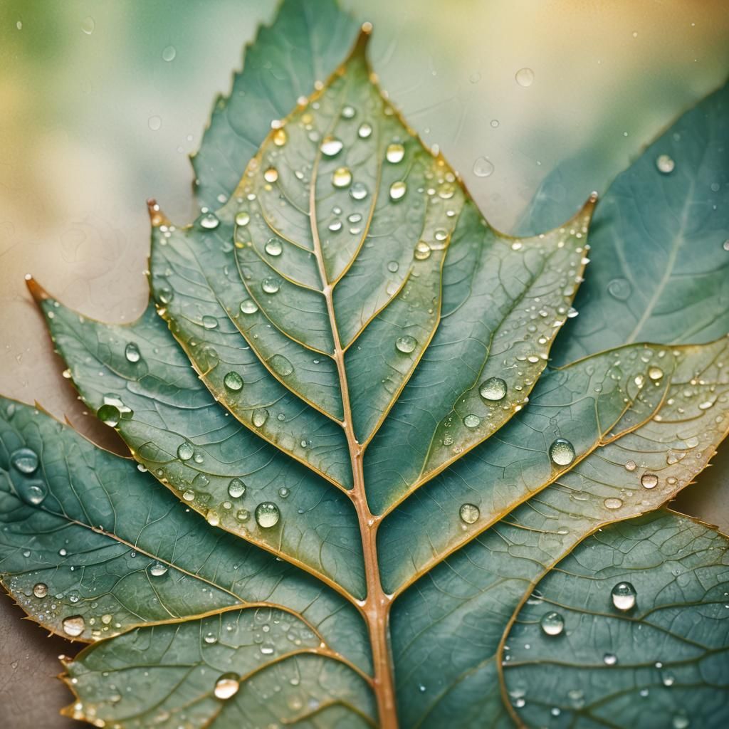 Watercolor Macro of Pastel Leaf with Dew Drops