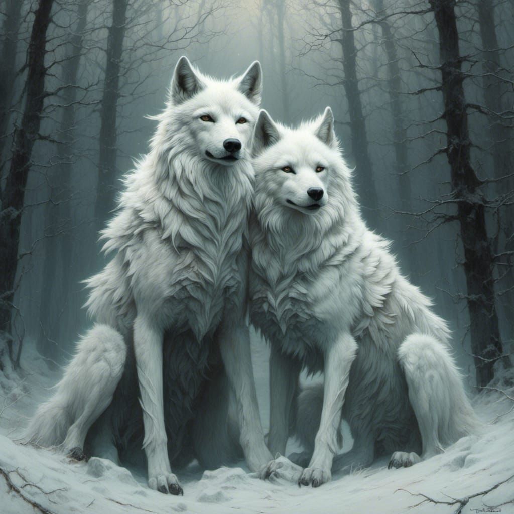 <lora:Eclipse:1.0> two white wolves cuddle together in a dar...