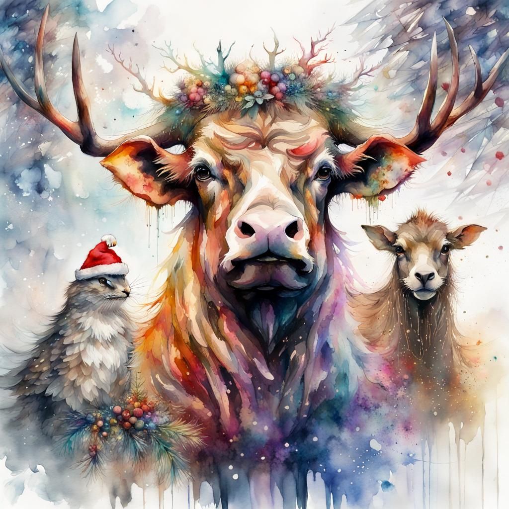 Animals celebrating the holidays | aquarelle portrait