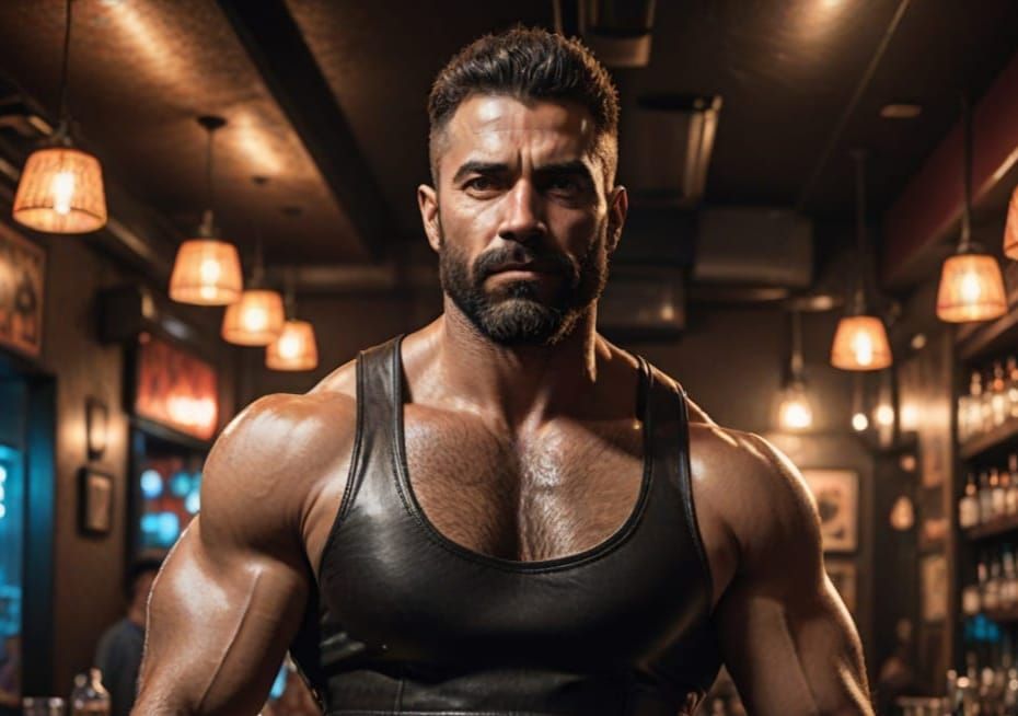 Brazilian Man in Leather at Gay Bar