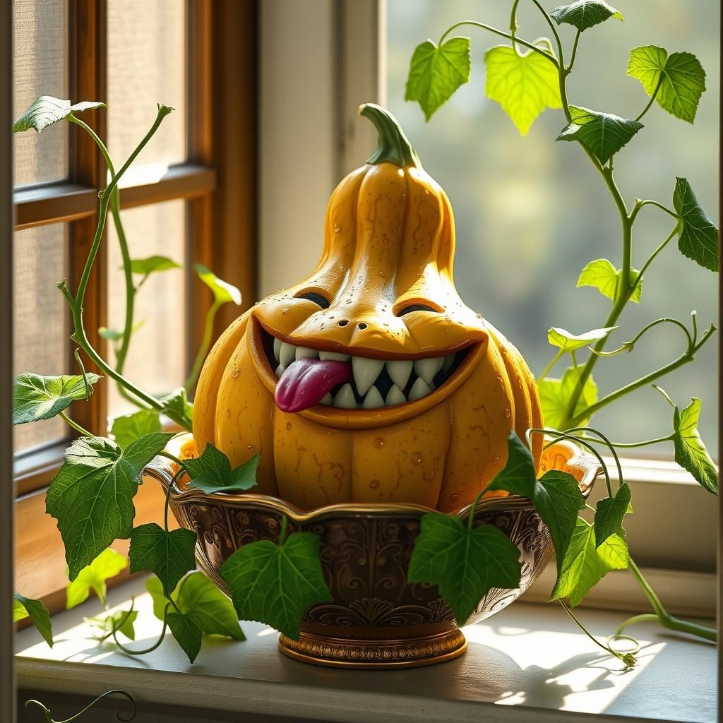 Lifelike Gourd with Teeth Smiling on Windowsill