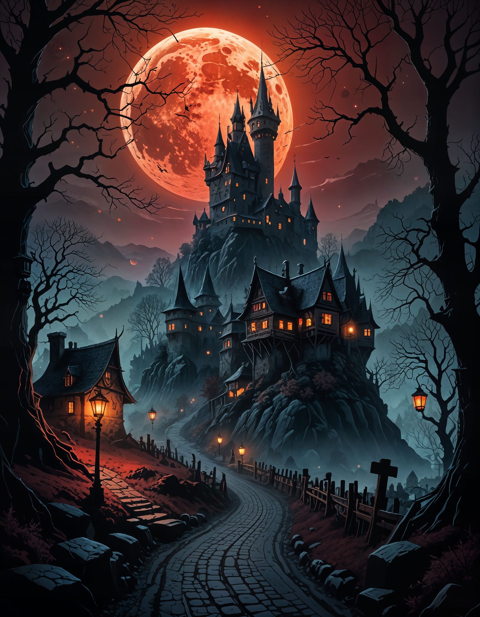 Transylvanian Village Under Blood Moon: Dark Fantasy Illustr...