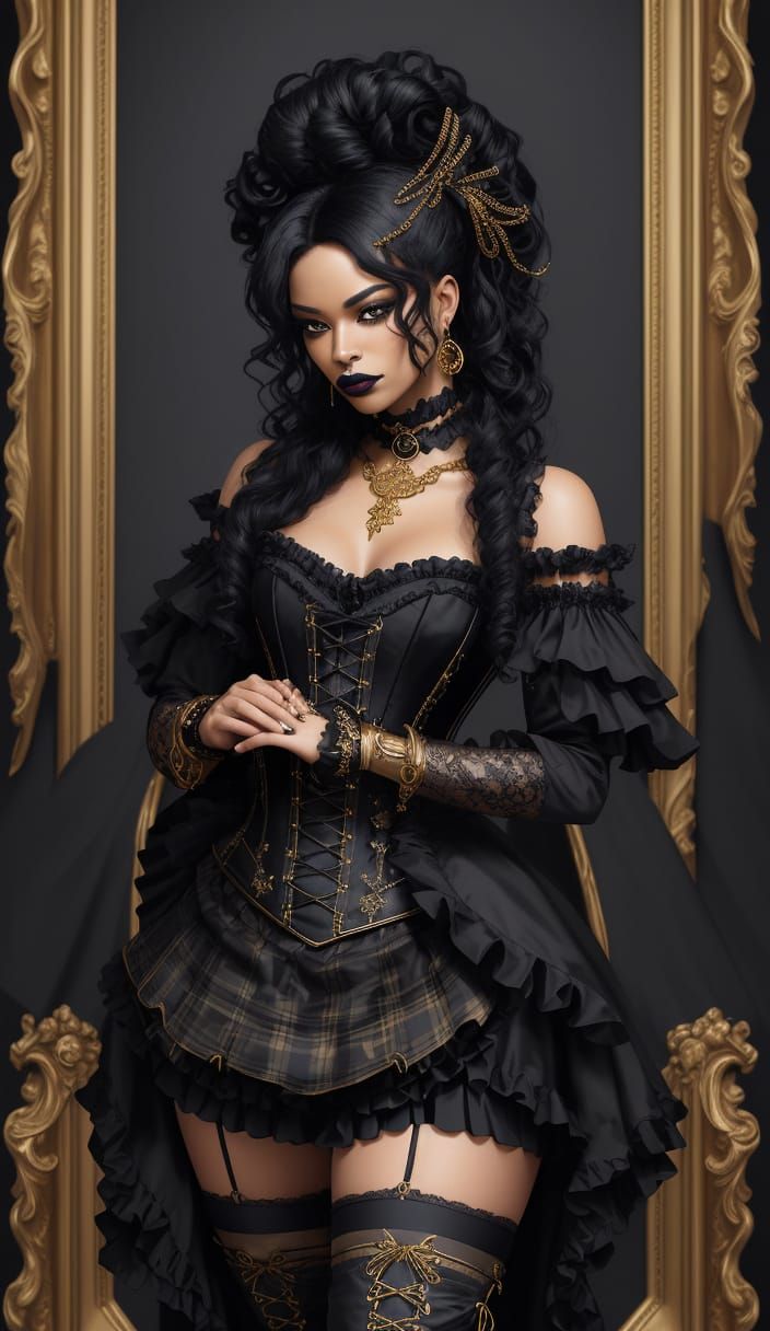 Elegant Ebony Goddess in Opulent Gothic Bedroom