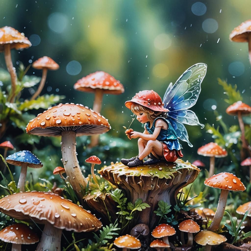 Fairy on Mushroom in Gouache Watercolor Style