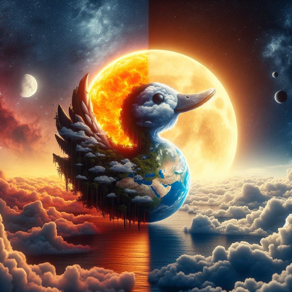 Earth Duck Soaring Between Day and Night