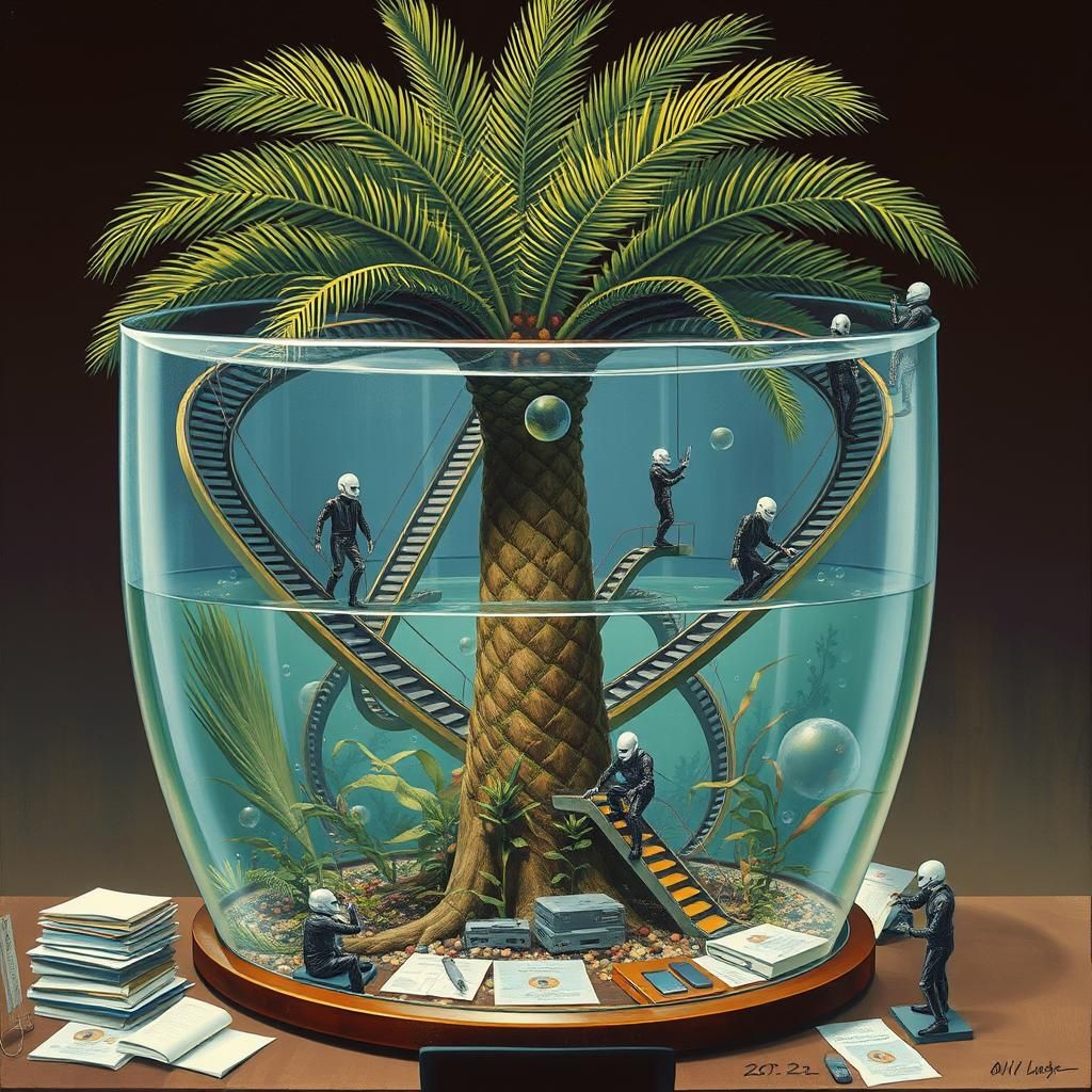 A surreal painting depicting a palm tree inside a large aqua...