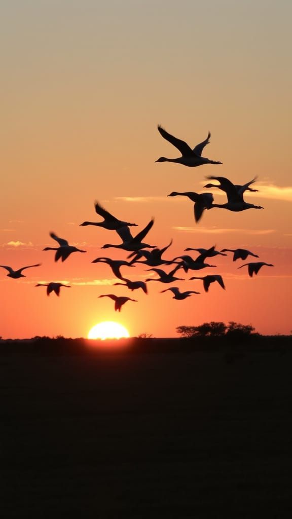 African Geese Fly Over Savannah at Sunset