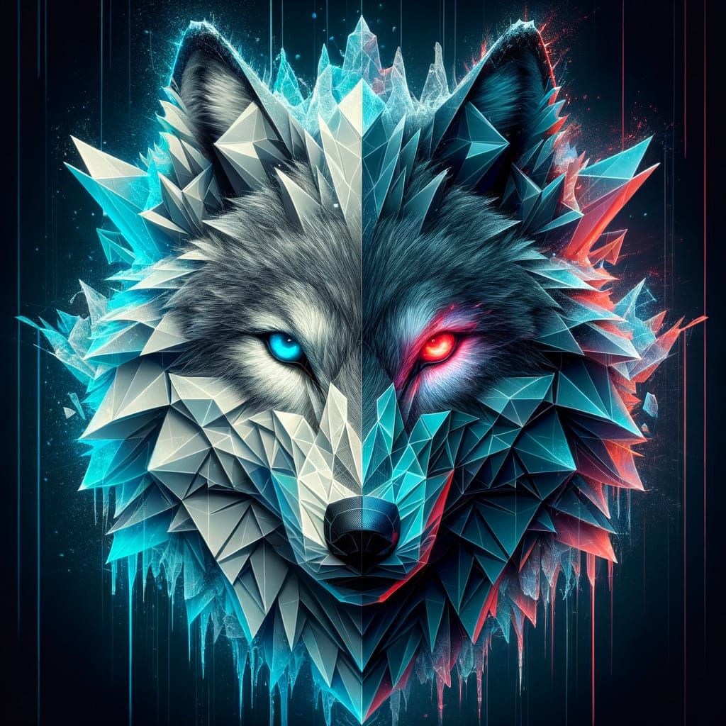 Abstract Wolf Head with Geometric and Photorealistic Sides