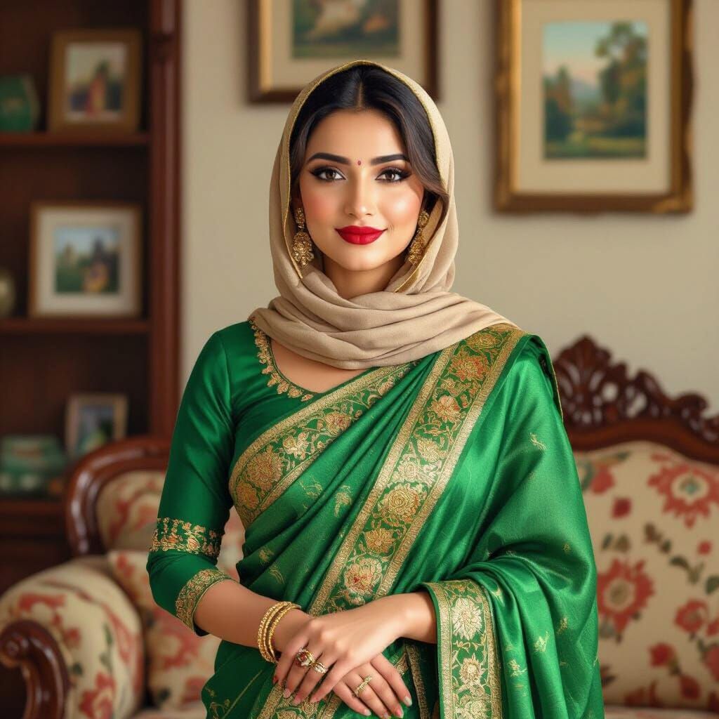 Bengali Woman in Green Saree and Golden Hijab