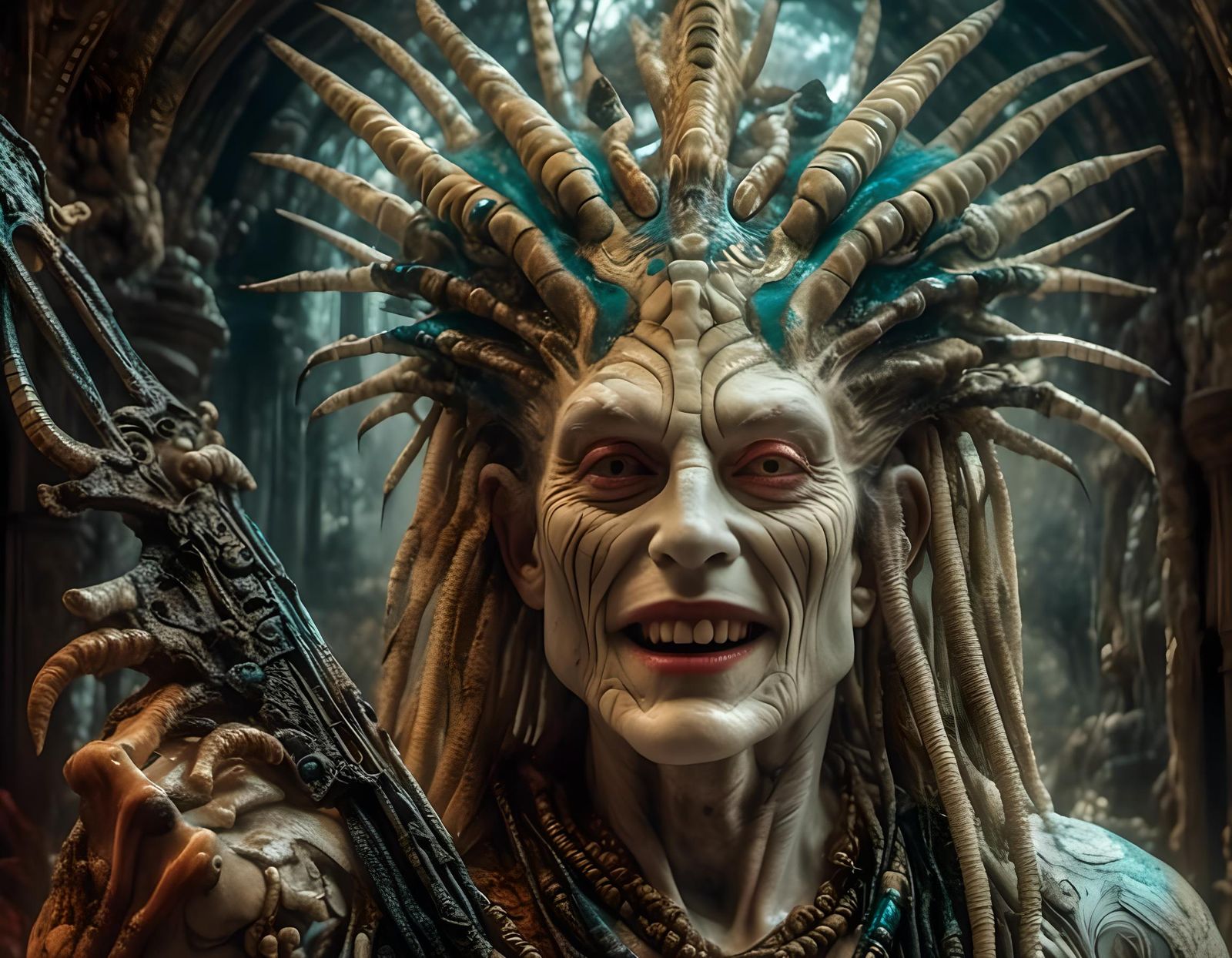 Albino Predator Warrior in Jungle Ruins, Surreal Art