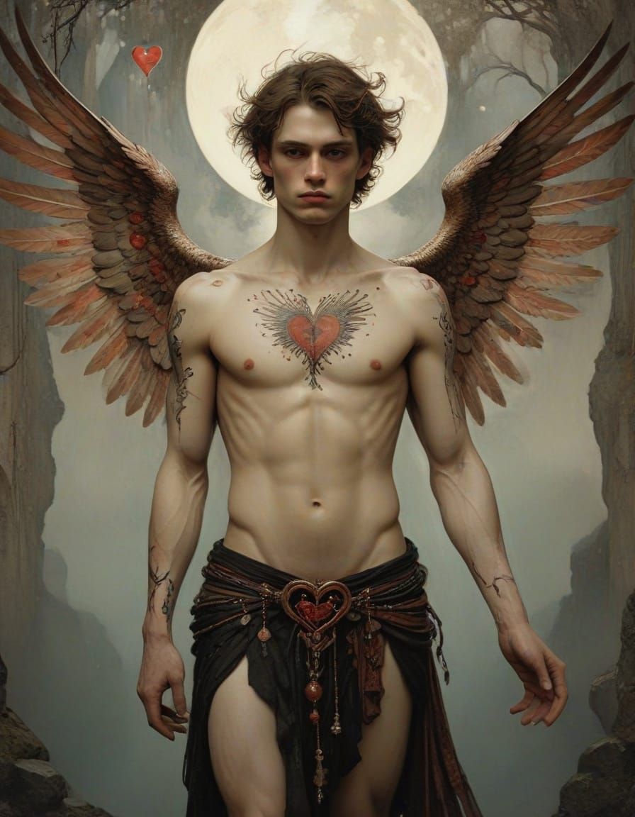 Ethereal Male Cupid with Wings and Heart Tattoos in a Magica...