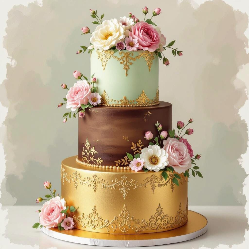 Elegant Wedding Cake with Gold, Brown and Green Tiers