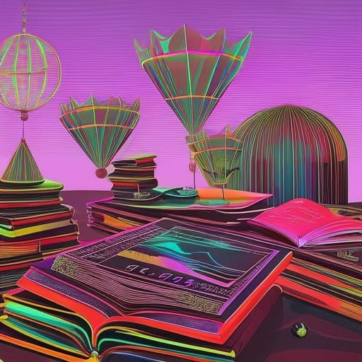 Neon Retro Books and Notes in Solarpunk Illustration