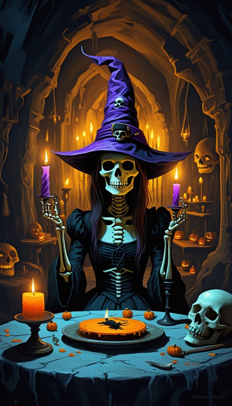 Witch and Skeleton at Table in Cave
