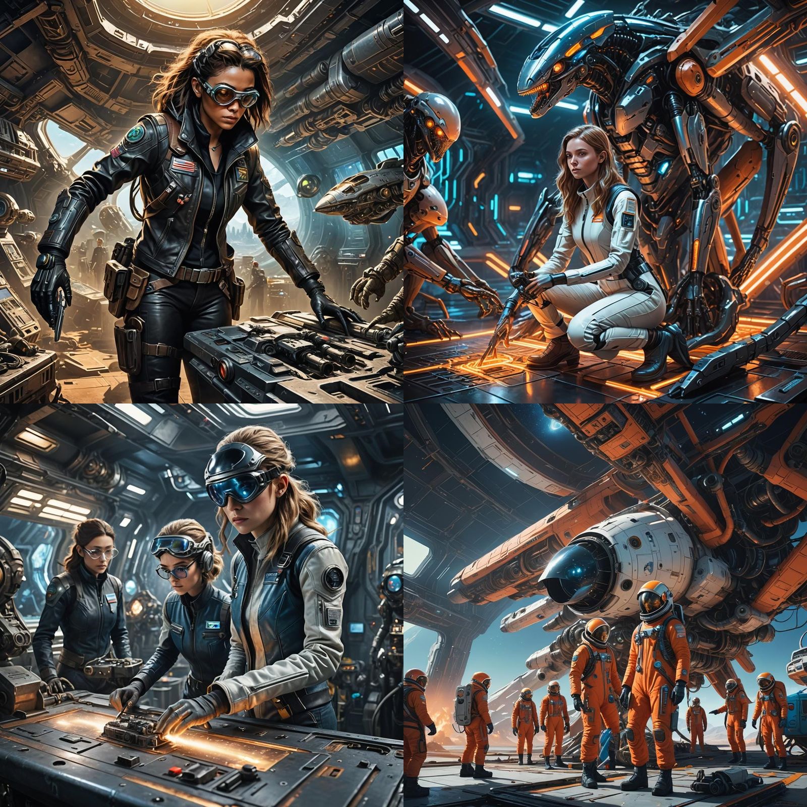 Woman and Aliens Repairing Spaceship: Fantasy Art