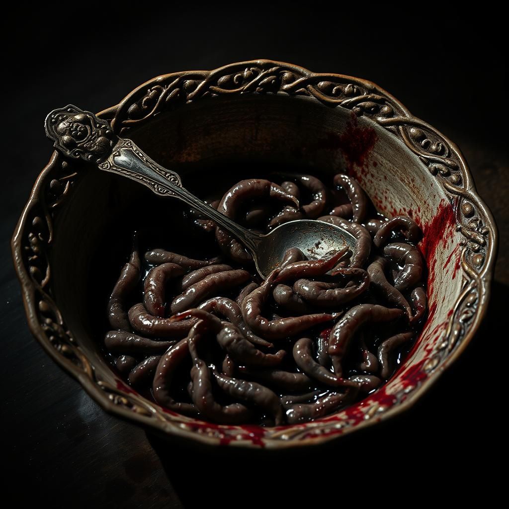 Macabre Bowl of Maggots in Horror Style