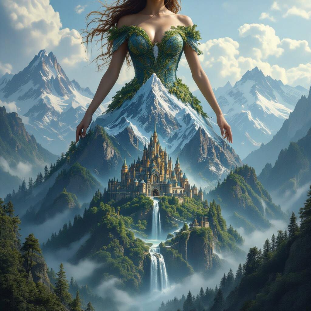 A colossal female figure with a mountain range forming her e...