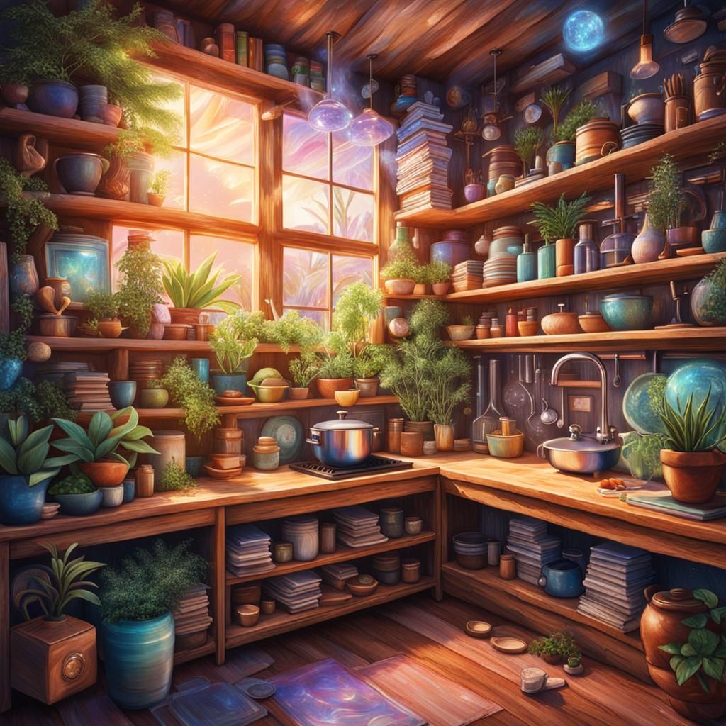 Cosmic Wooden Kitchen Illustration in Astral Style