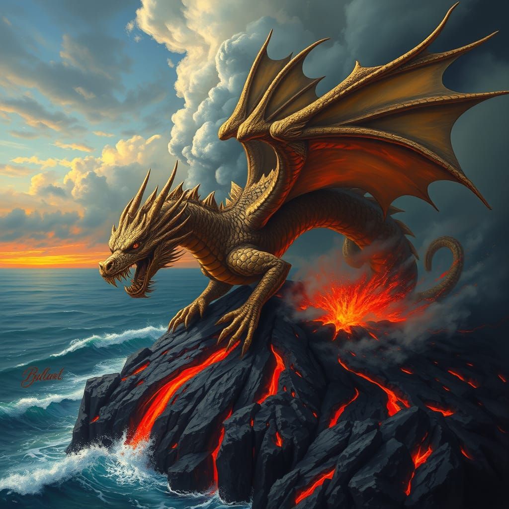 Epic Bronze Dragon Takes Flight Over Lava Ocean
