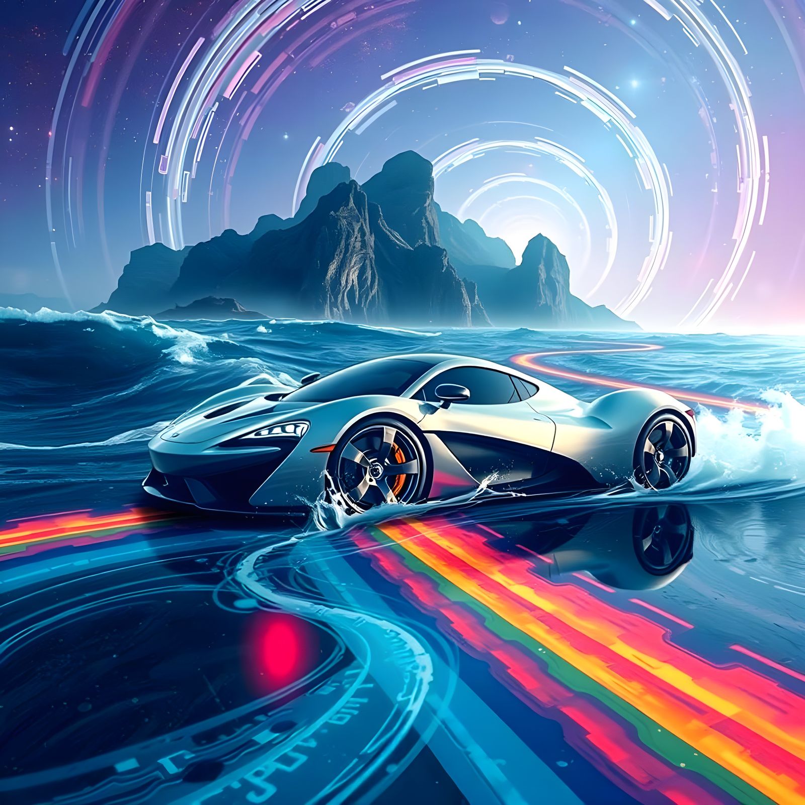 Cosmic Supercar on Rainbow Road: Graffiti Art Style