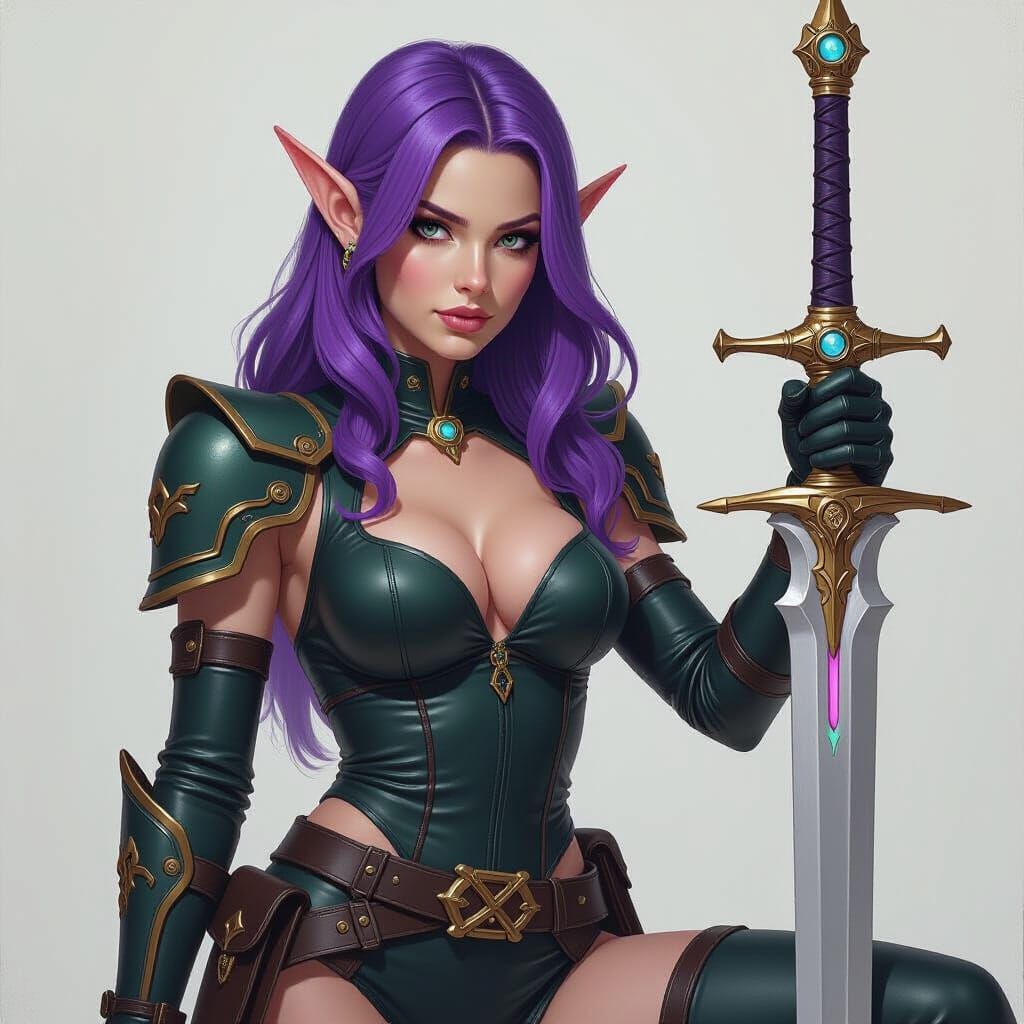 Purple-Haired Elf Warrior with Futuristic Sword