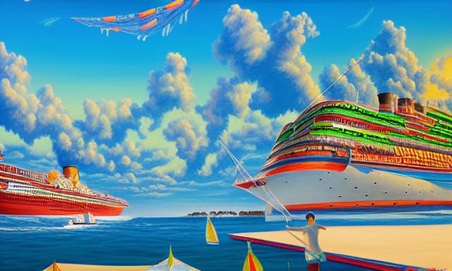 Luxury Ocean Liner on Beach in Naive Art Style
