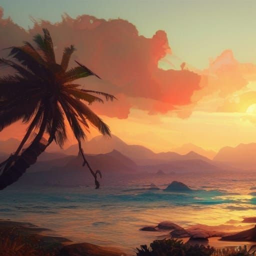 Watercolor Island Sunset with Dynamic Lighting