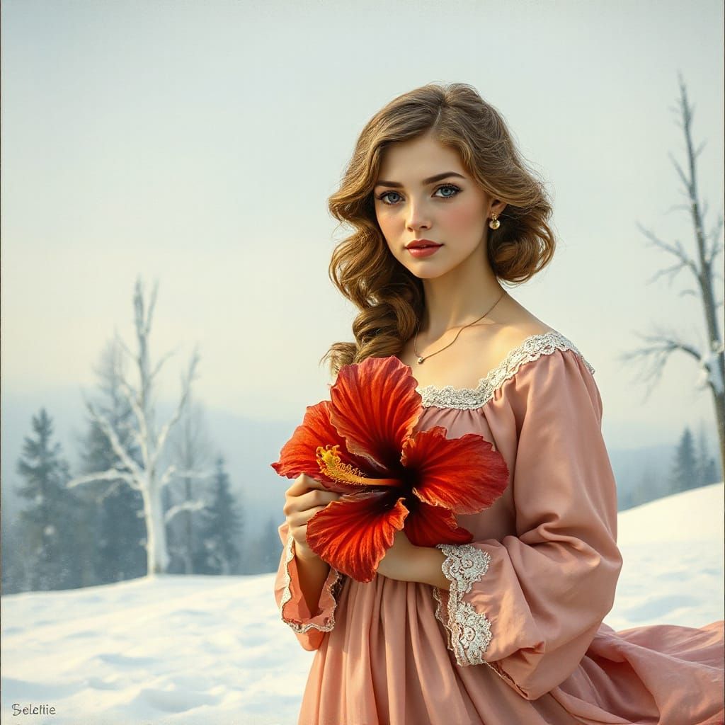 Woman in Winter Landscape with Hibiscus, Art Nouveau Style