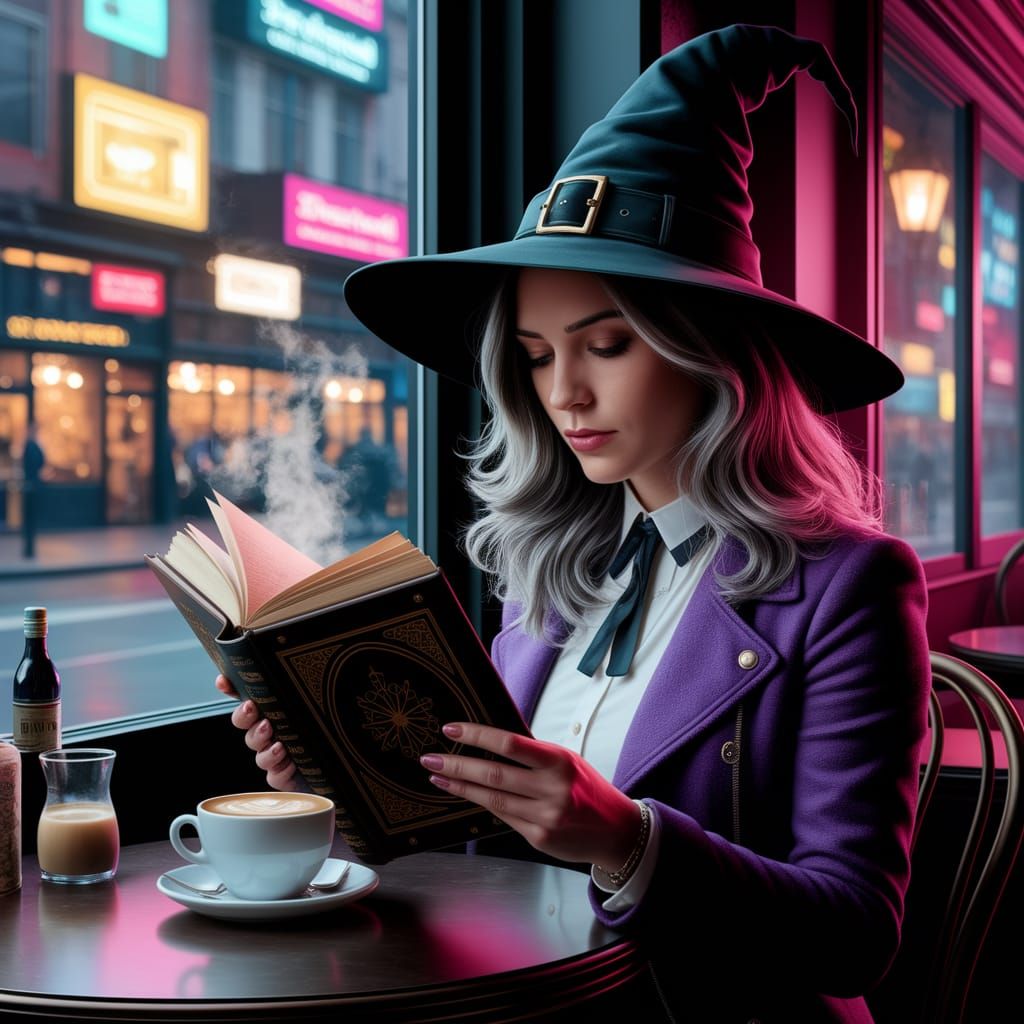 Modern Witch Reading Spellbook in Neon-Lit Cafe