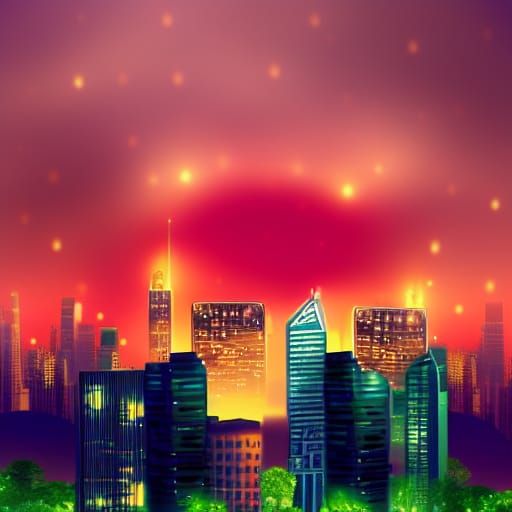 Surreal Cityscape with Fruit Rain at Night