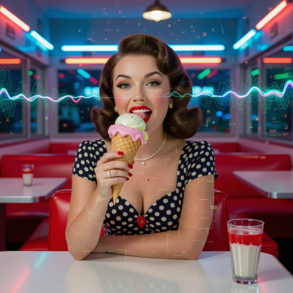 1950s Pin-Up Girl with Ice Cream, Glitch Art Style