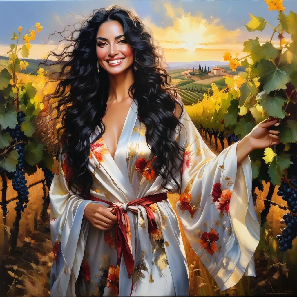 Hispanic Woman in Vineyard: Oil Painting