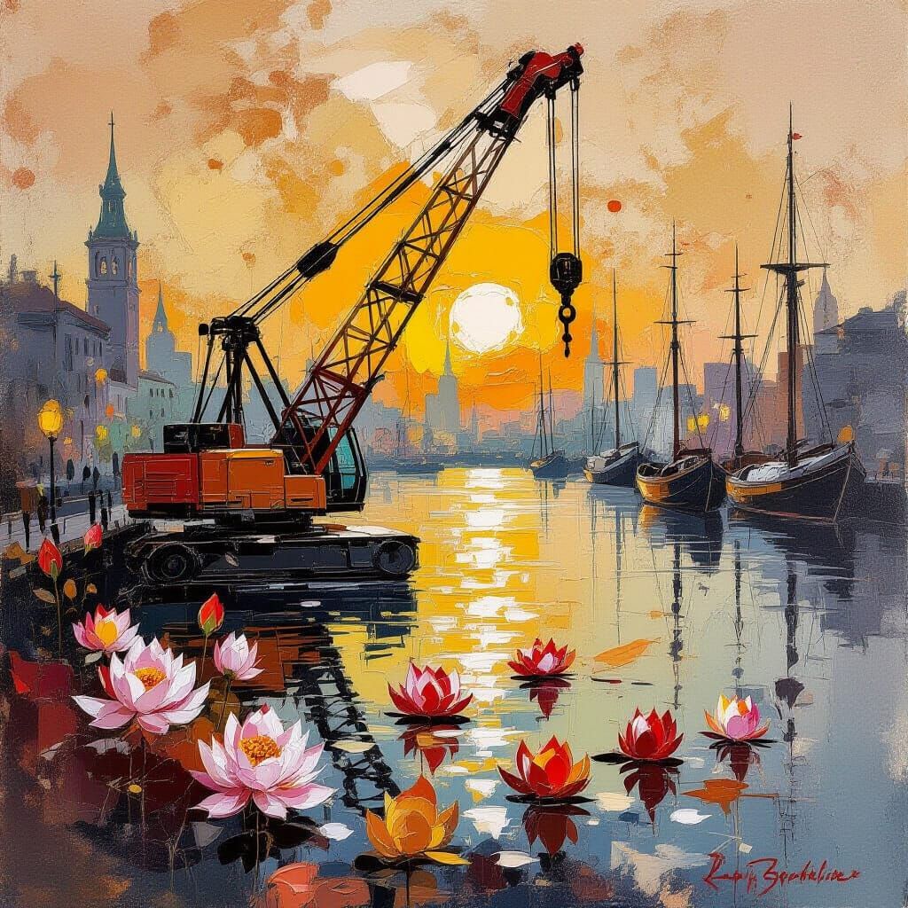 Crane Amongst Lotuses: Impasto Autumn Harbor Scene