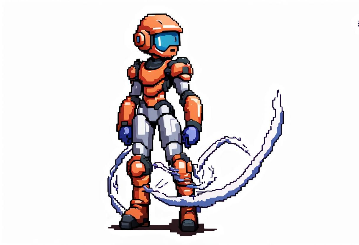 Retro Pixel-Art Cyborg Character with Jet Boots