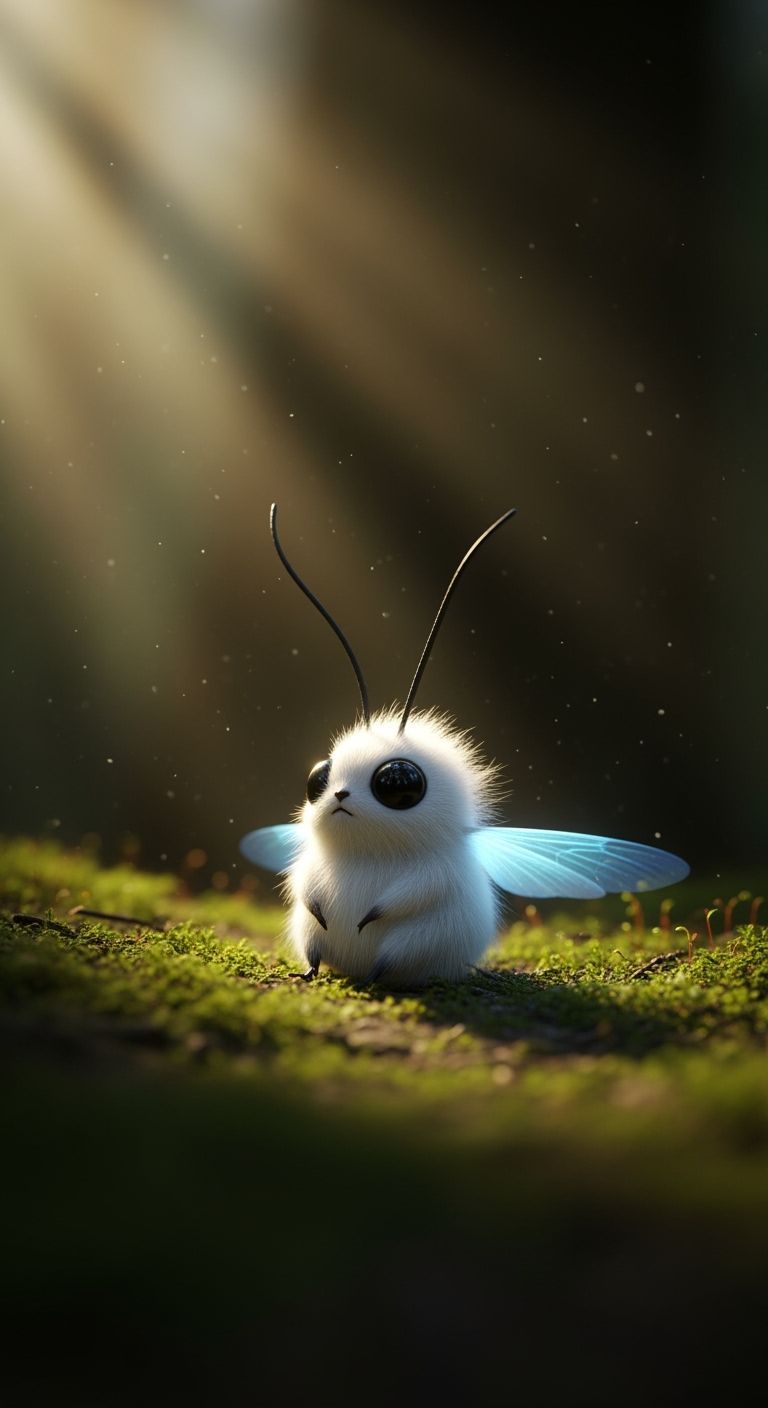 Fluffy Creature with Glowing Blue Wings in Enchanted Forest