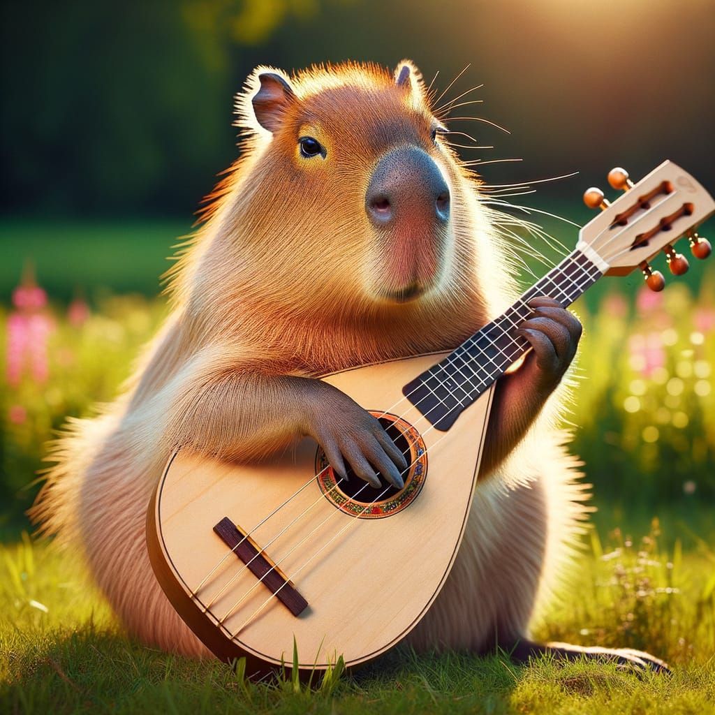 Cute Capybara Plays Balalaika in a Lush Field