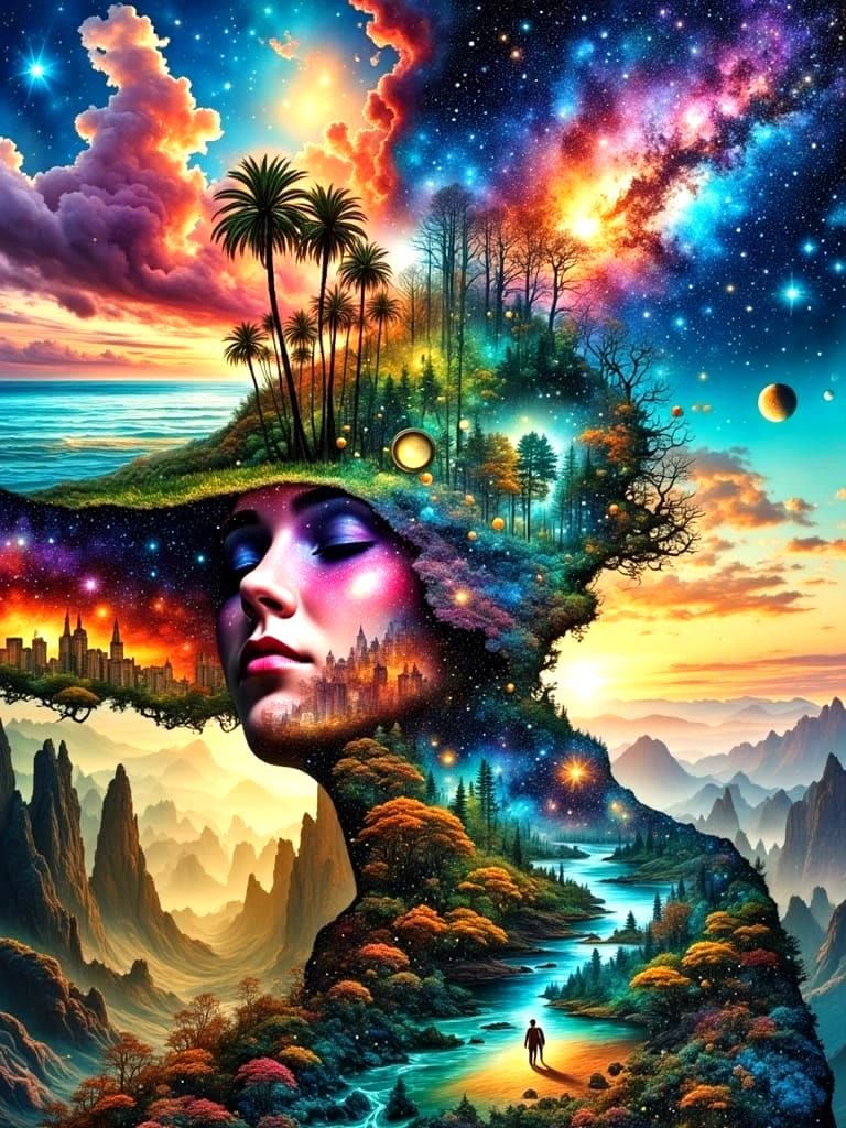 Abstract Face Portrait Collage of Four Scenes