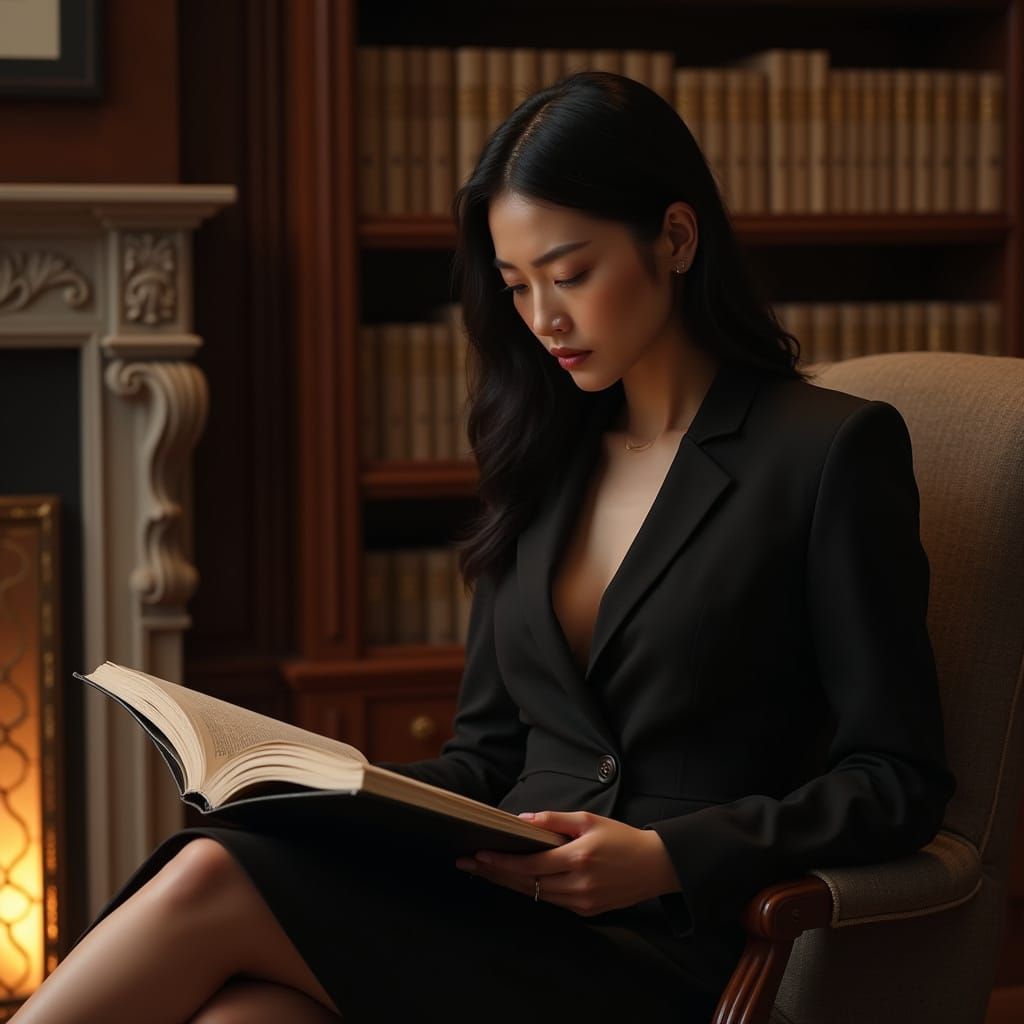 Asian Woman in Suit Reading Tome in Mansion Study