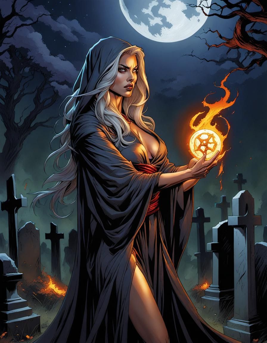 Necromancer Babe Performing Dark Ritual, Comic Book Style