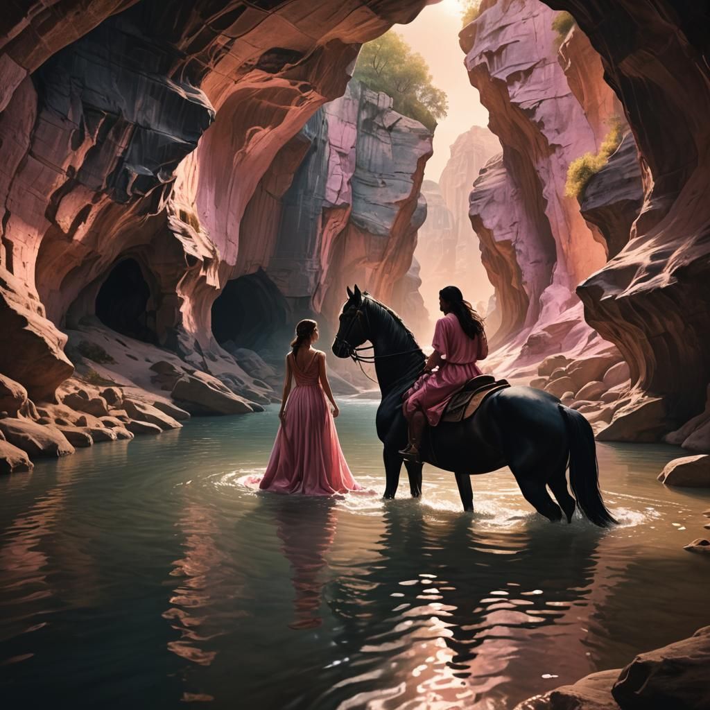 Romantic Fantasy: Girl on Horseback in Cave