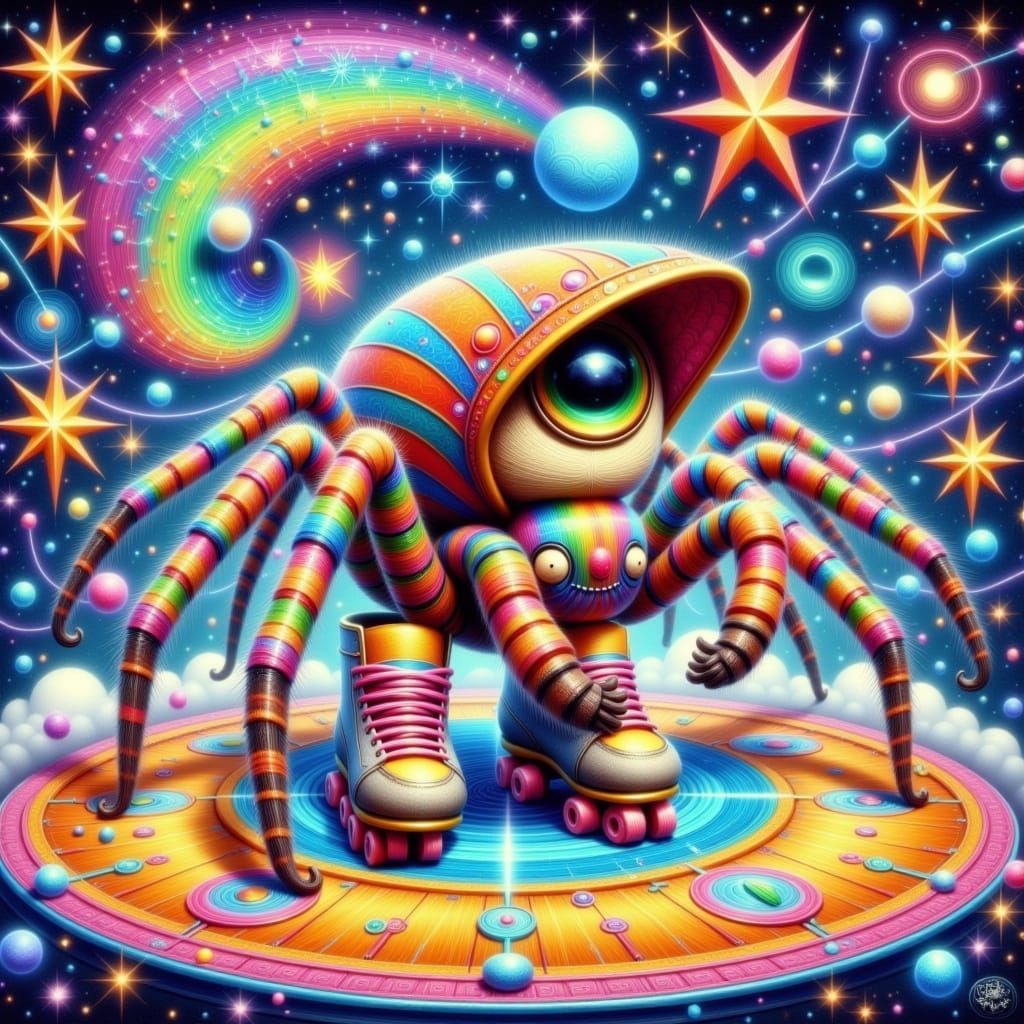 Whimsical Roller-Skating Spider Zodiac in Vibrant Stripes