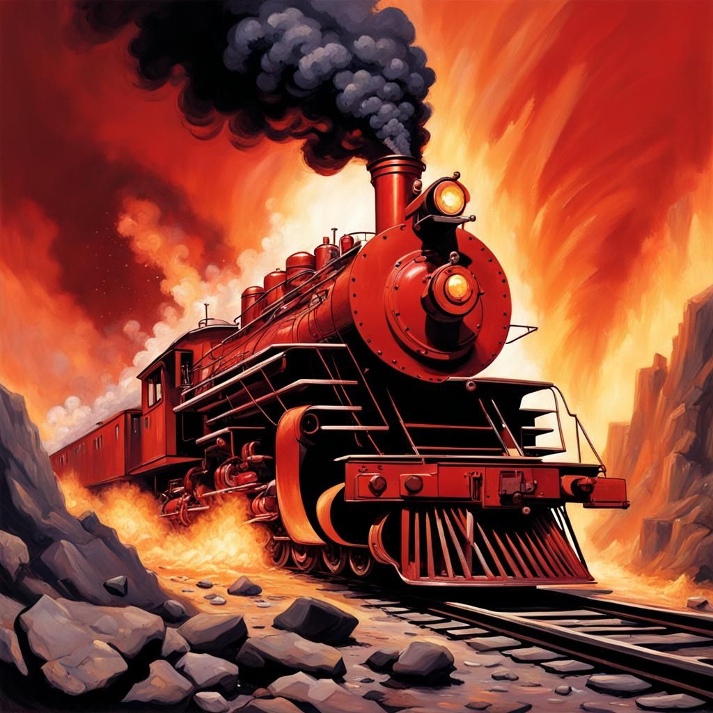 Exploding Steam Train on Fire, Dramatic Digital Art