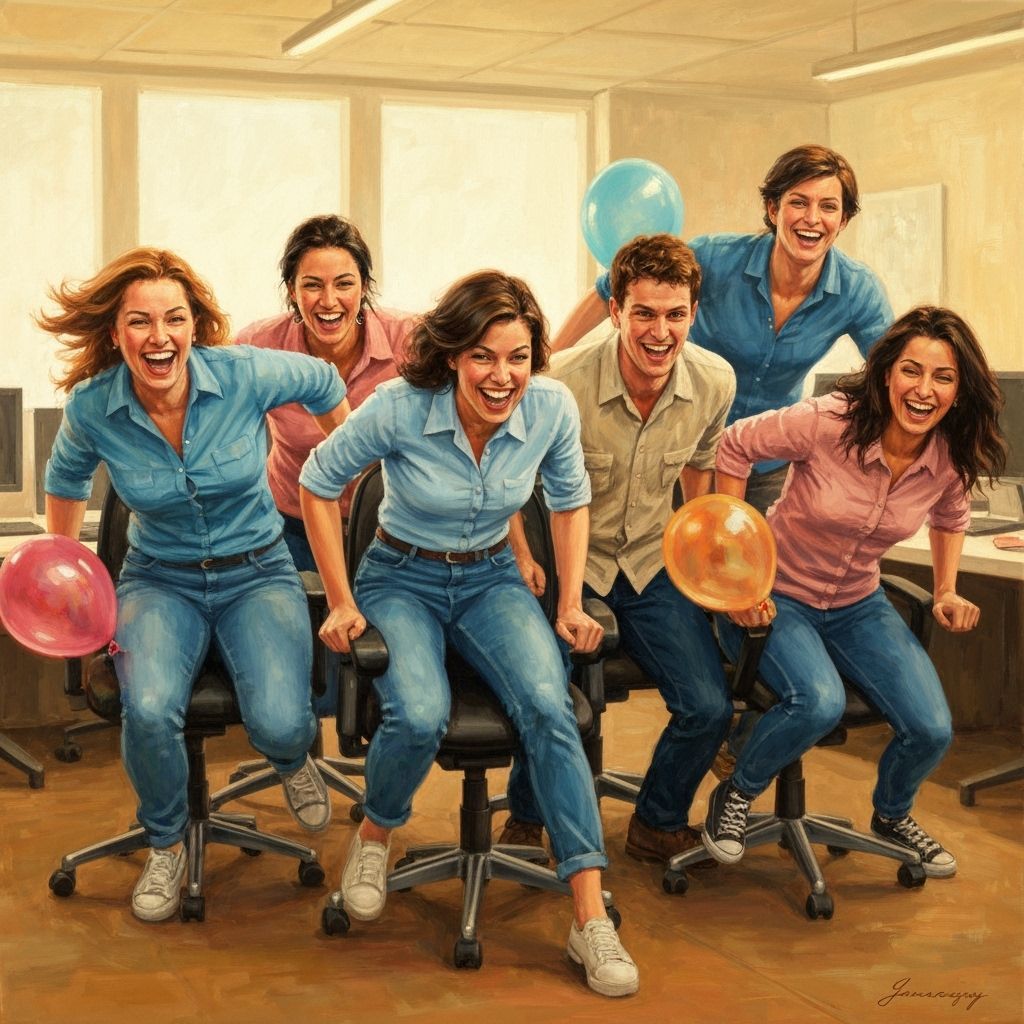Office Chair Race: A Whimsical Oil Painting