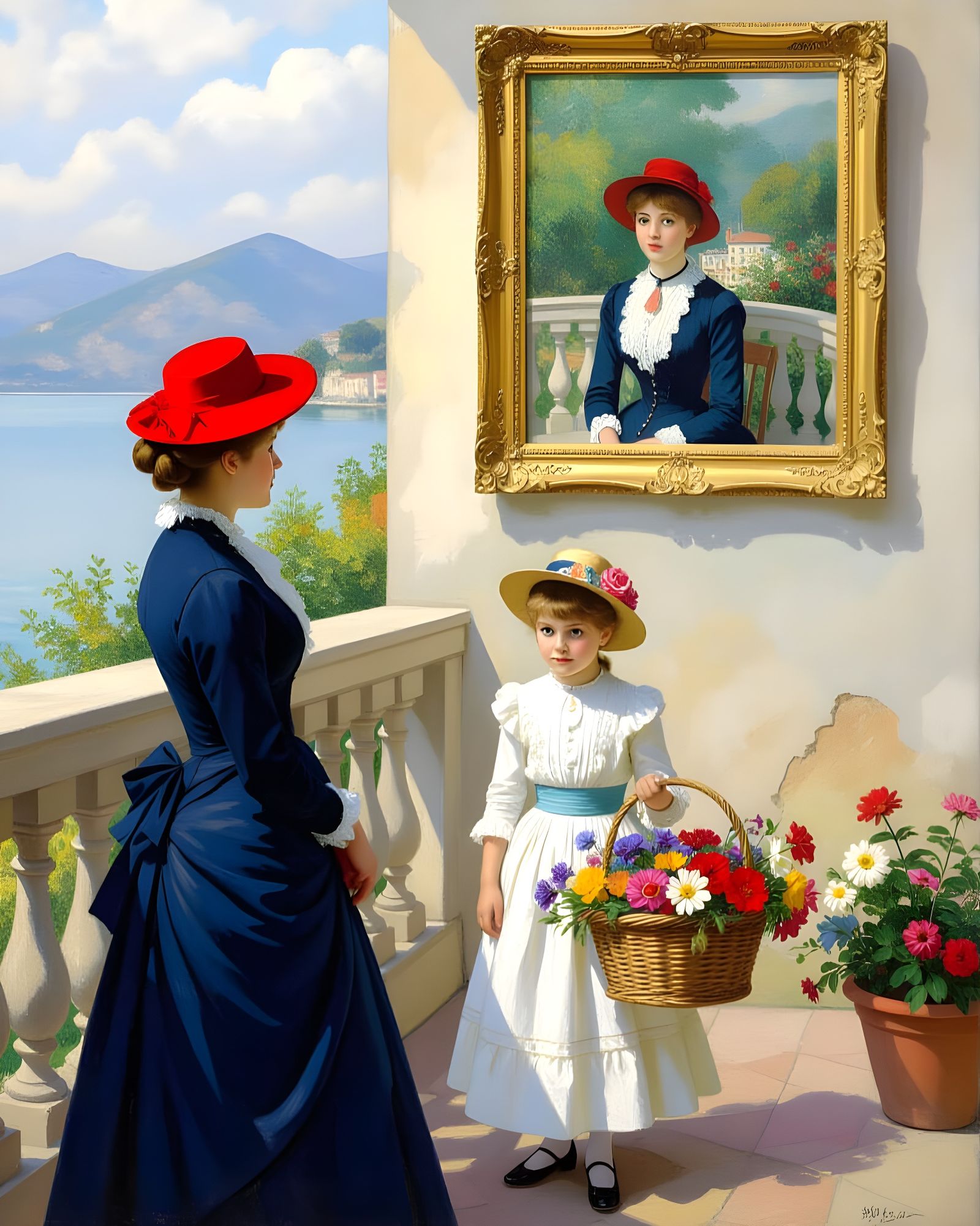 Two Sisters Balcony Scene in Impressionist Style