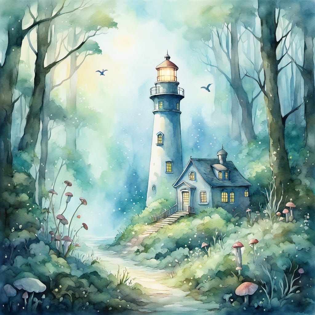 Enchanted Forest Lighthouse: A Whimsical Watercolor Fantasy
